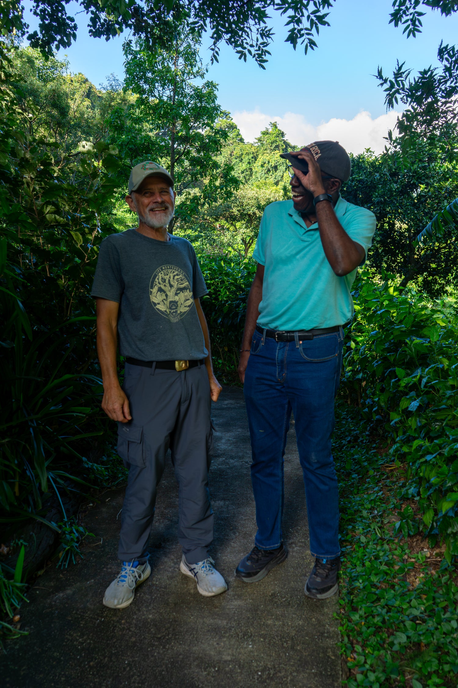 Two men smiling amongst coffee plants on a sunny day